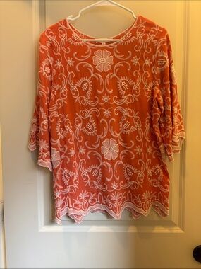 Solitaire Orange Tunic with White Floral Embroidery